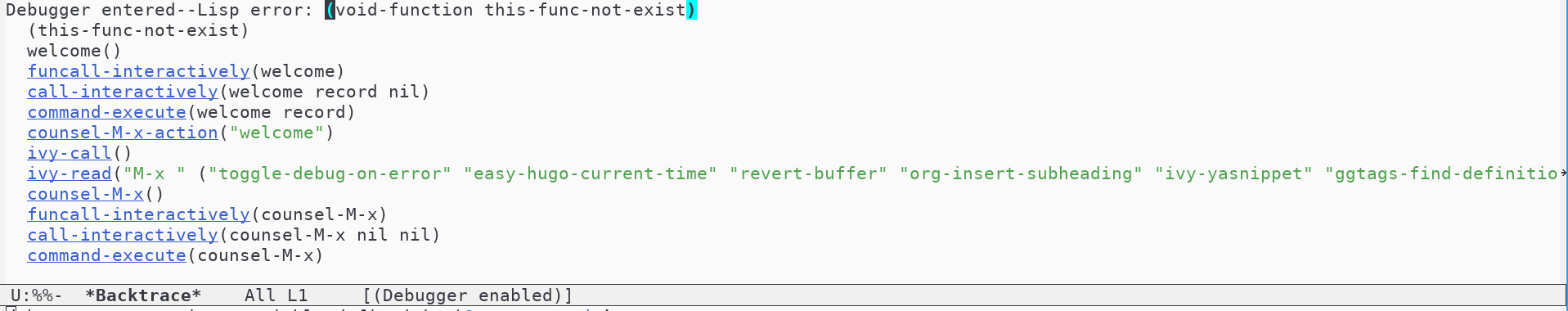 elisp debugger backtrace 1: Symbol's function definition is void